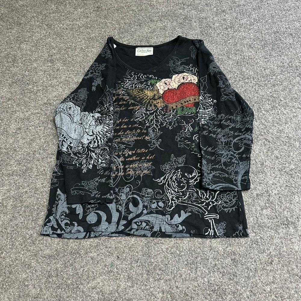 Cactus Bay Apparel Shirt Womens Size L Black Cotton Graphic Heart Rhinestone USA